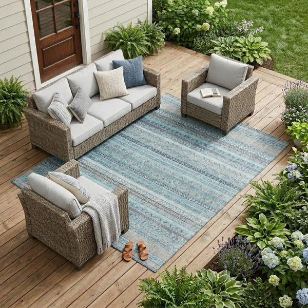 8 X 10 Striped Washable Polyester Area Rug for Patio Porch and High Traffic Spaces