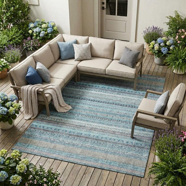 9 X 12 Striped Turquoise Teal Polyester Washable Rug for Patio Porch or Living Room