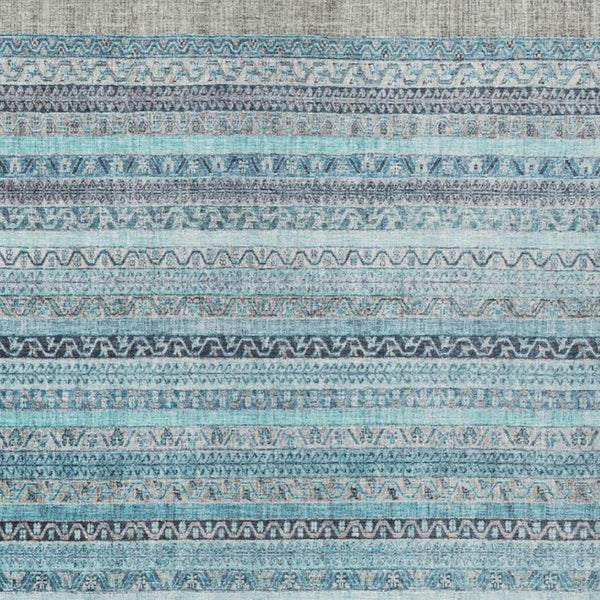 9 X 12 Striped Turquoise Teal Polyester Washable Rug for Patio Porch or Living Room