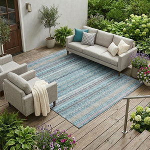 10 X 14 Striped Turquoise Polyester Area Rug Washable for Patio Porch or Living Room