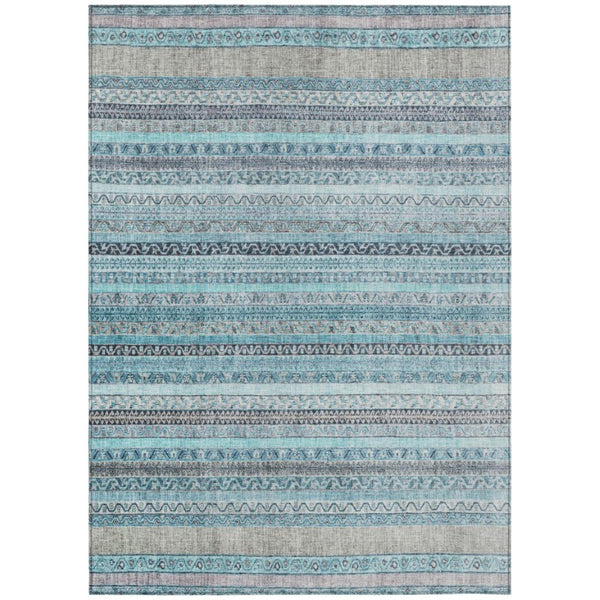 HomeRoots 10 X 14 Striped Turquoise Polyester Area Rug Washable for Patio Porch or Living Room 739816