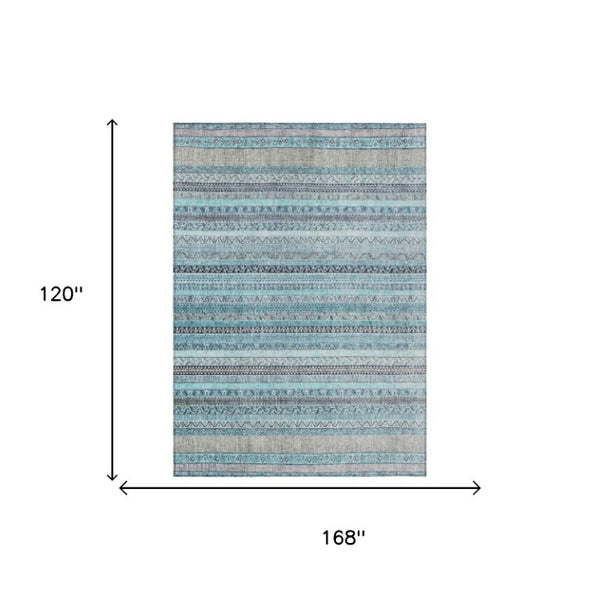 10 X 14 Striped Turquoise Polyester Area Rug Washable for Patio Porch or Living Room