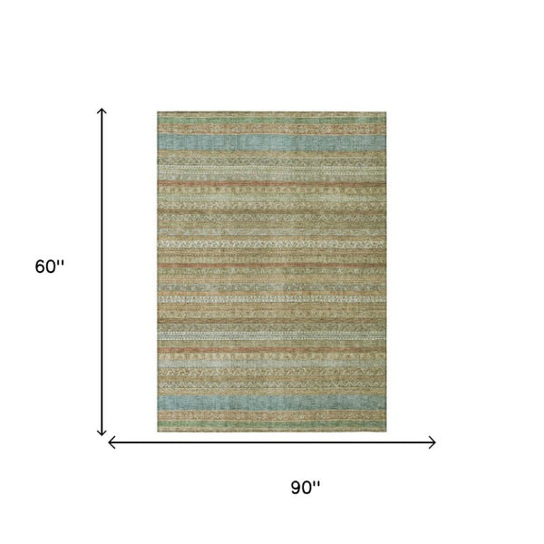 5x8 Wheat Gold Stripe Washable Polyester Area Rug for Patio Porch or Living Room