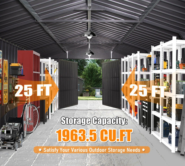 English Elm 12x25ft Outdoor Steel Carport Heavy Duty Shelter with Lockable Doors Wind Rated W1859P364961