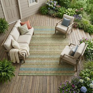 9 X 12 Wheat Gold Stripe Polyester Area Rug Washable for Patio Porch or Living Room
