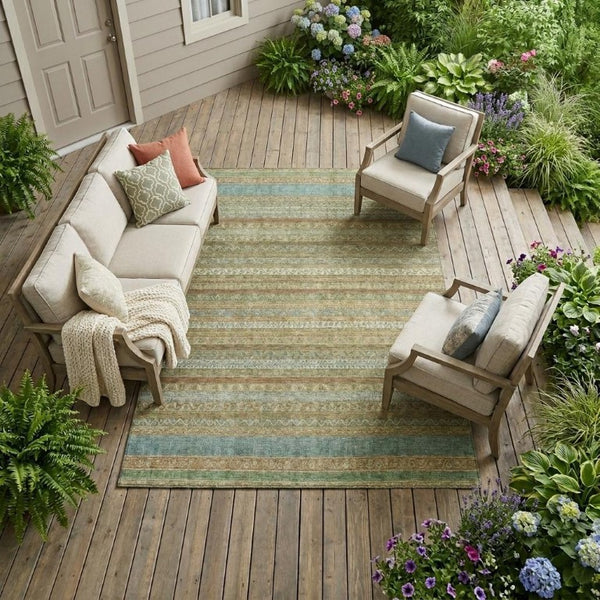 9 X 12 Wheat Gold Stripe Polyester Area Rug Washable for Patio Porch or Living Room