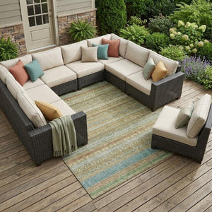10 X 14 Wheat Gold Stripe Washable Polyester Area Rug for Indoor Outdoor Use