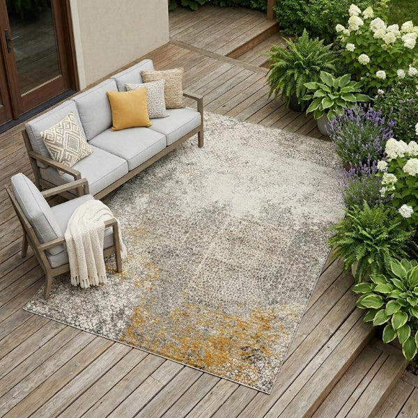 10 X 14 Beige Brown Abstract Polyester Washable Rug for Indoor Outdoor Use