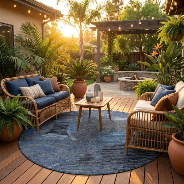 8 Ft Round Geometric Polyester Rug Washable Stain Resistant for Patio or Living Room