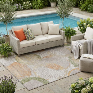 5x8 Ivory Pewter Geometric Polyester Area Rug Washable Stain Resistant Indoor Outdoor