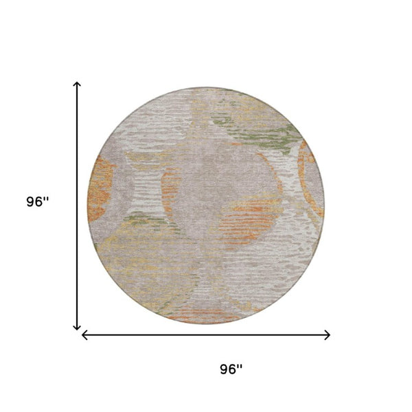 8 Ft Round Geometric Polyester Area Rug Washable Indoor Outdoor Ivory Pewter