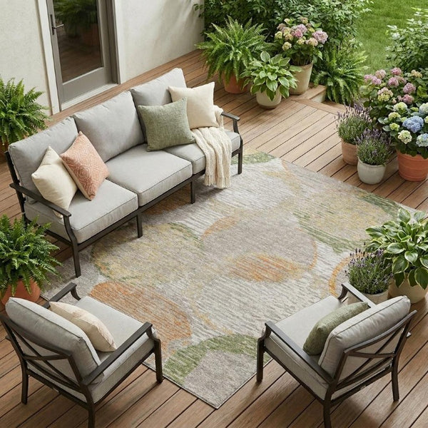 9 X 12 Ivory Pewter Geometric Polyester Area Rug Stain Resistant Indoor Outdoor