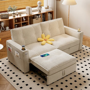 English Elm W3820s00010 Corduroy Sleeper Sofa Pull Out Guest Bed for Studio Apartments and Small Spaces White W3820S00028