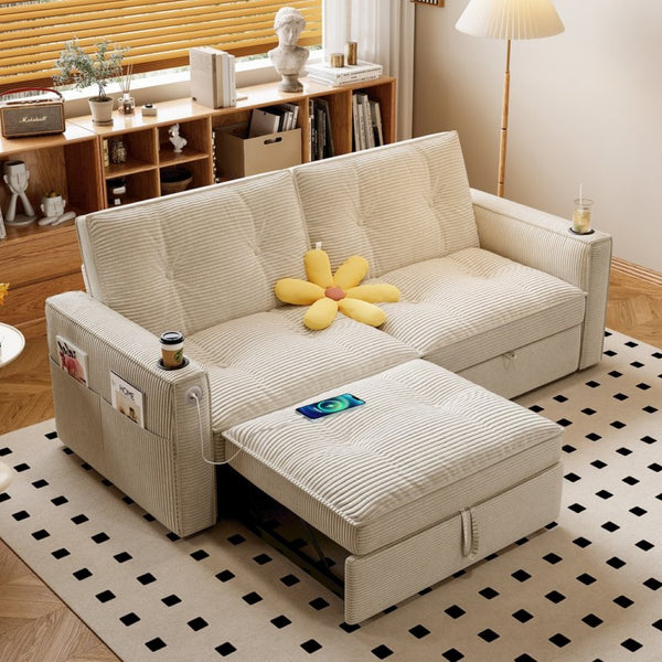 English Elm W3820s00010 Corduroy Sleeper Sofa Pull Out Guest Bed for Studio Apartments and Small Spaces White W3820S00028
