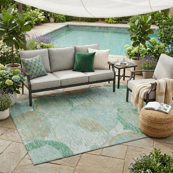 5x8 Teal Geometric Polyester Area Rug Washable Stain Resistant for Patio or Living Room