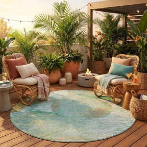 8 Ft Round Geometric Polyester Area Rug Washable Teal Stain Resistant Indoor Outdoor