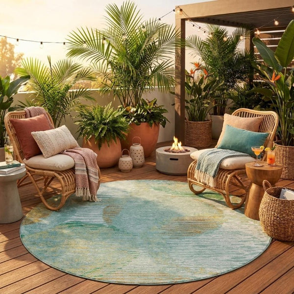 8 Ft Round Geometric Polyester Area Rug Washable Teal Stain Resistant Indoor Outdoor