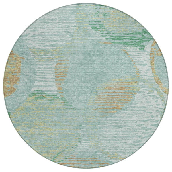 HomeRoots 8 Ft Round Geometric Polyester Area Rug Washable Teal Stain Resistant Indoor Outdoor 739879