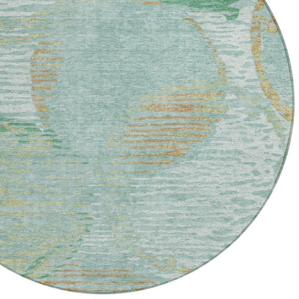 8 Ft Round Geometric Polyester Area Rug Washable Teal Stain Resistant Indoor Outdoor