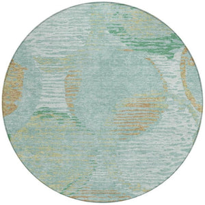 8 Ft Round Geometric Polyester Area Rug Washable Teal Stain Resistant Indoor Outdoor