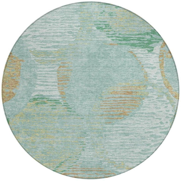8 Ft Round Geometric Polyester Area Rug Washable Teal Stain Resistant Indoor Outdoor