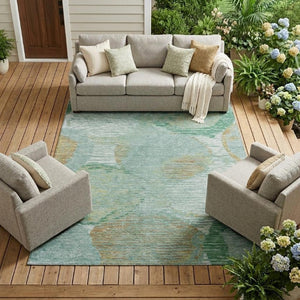 10 X 14 Teal Geometric Washable Polyester Area Rug for Indoor Outdoor Living