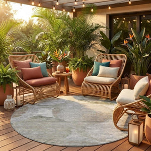 8 Foot Round Geometric Polyester Area Rug Washable Taupe Brown Indoor Outdoor