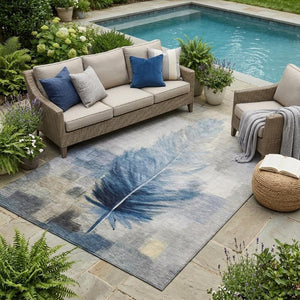 5' X 8' Blue and Pewter Botanical Leaves Washable Indoor Outdoor Area Rug