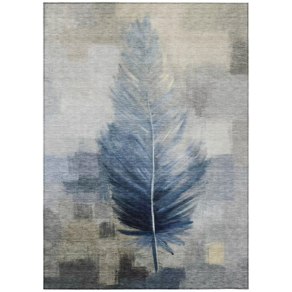 HomeRoots 5' X 8' Blue and Pewter Botanical Leaves Washable Indoor Outdoor Area Rug 739890