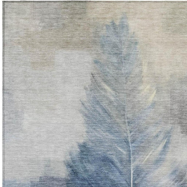 5' X 8' Blue and Pewter Botanical Leaves Washable Indoor Outdoor Area Rug