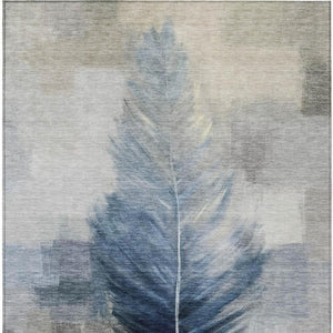 5' X 8' Blue and Pewter Botanical Leaves Washable Indoor Outdoor Area Rug