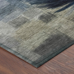 5' X 8' Blue and Pewter Botanical Leaves Washable Indoor Outdoor Area Rug