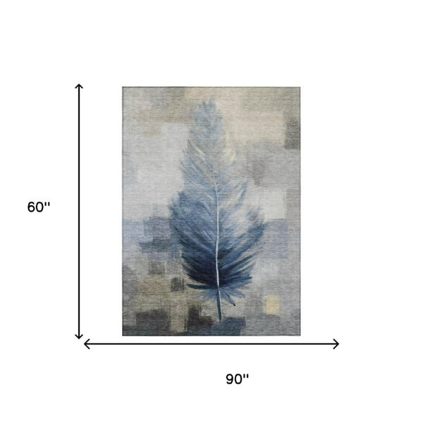 5' X 8' Blue and Pewter Botanical Leaves Washable Indoor Outdoor Area Rug