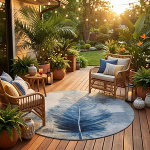 8 Foot Round Botanical Leaf Polyester Area Rug for Patio Porch or Family Room