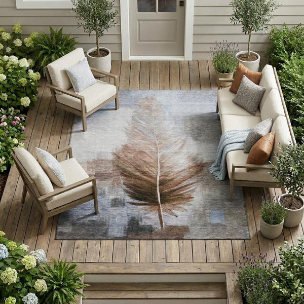 9' X 12' Chocolate and Brown Botanical Leaves Washable Indoor Outdoor Area Rug