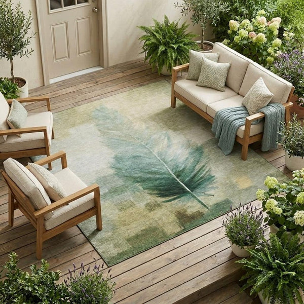 8' X 10' Green and Brown Botanical Leaves Washable Indoor Outdoor Area Rug