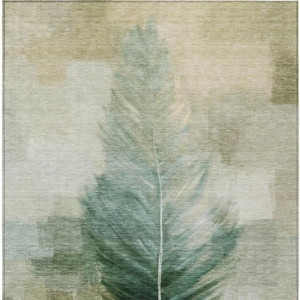 8' X 10' Green and Brown Botanical Leaves Washable Indoor Outdoor Area Rug