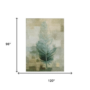8' X 10' Green and Brown Botanical Leaves Washable Indoor Outdoor Area Rug