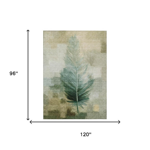 8' X 10' Green and Brown Botanical Leaves Washable Indoor Outdoor Area Rug