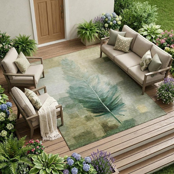 9' X 12' Green and Brown Botanical Leaves Washable Indoor Outdoor Area Rug