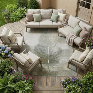 9' X 12' Khaki and Brown Botanical Leaves Washable Indoor Outdoor Area Rug
