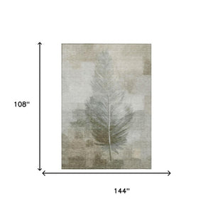 9' X 12' Khaki and Brown Botanical Leaves Washable Indoor Outdoor Area Rug