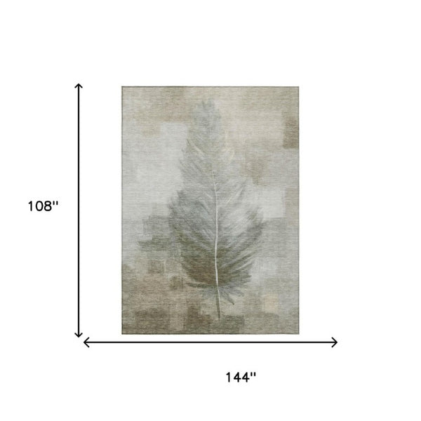 9' X 12' Khaki and Brown Botanical Leaves Washable Indoor Outdoor Area Rug