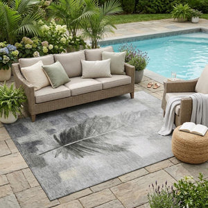 5' X 8' Pewter and Gray Botanical Leaves Washable Indoor Outdoor Area Rug