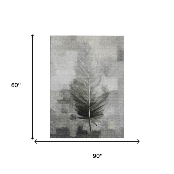 5' X 8' Pewter and Gray Botanical Leaves Washable Indoor Outdoor Area Rug