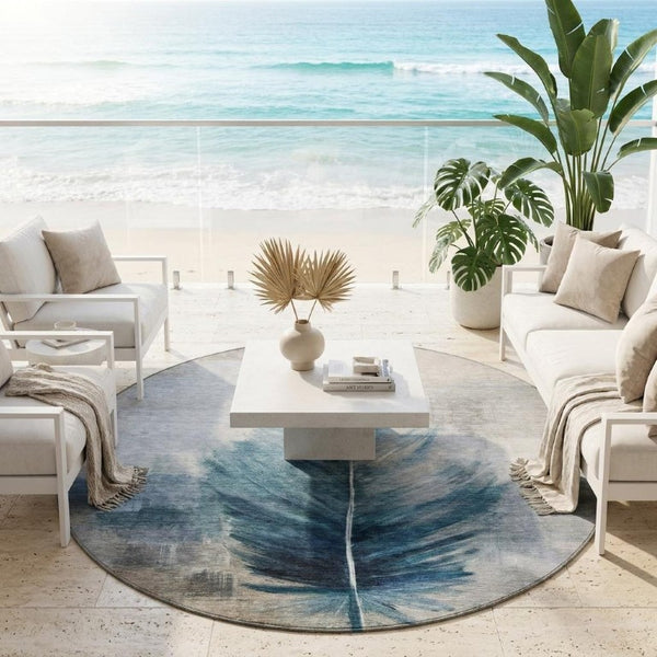 8 Ft Round Botanical Leaf Teal Polyester Washable Rug for Patio or Family Room