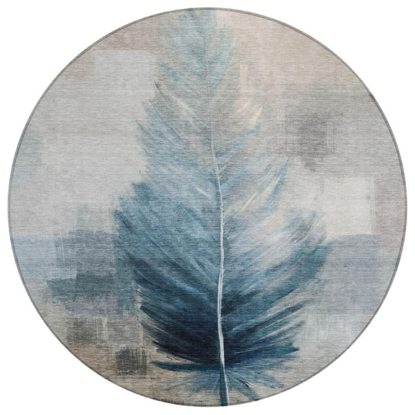 HomeRoots 8 Ft Round Botanical Leaf Teal Polyester Washable Rug for Patio or Family Room 739921