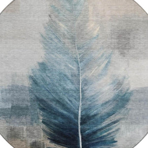 8 Ft Round Botanical Leaf Teal Polyester Washable Rug for Patio or Family Room