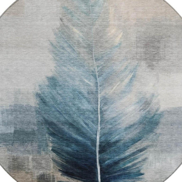 8 Ft Round Botanical Leaf Teal Polyester Washable Rug for Patio or Family Room