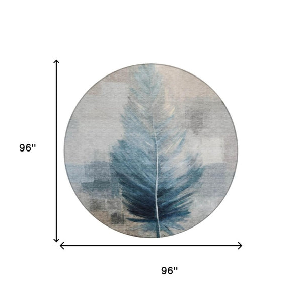 8 Ft Round Botanical Leaf Teal Polyester Washable Rug for Patio or Family Room